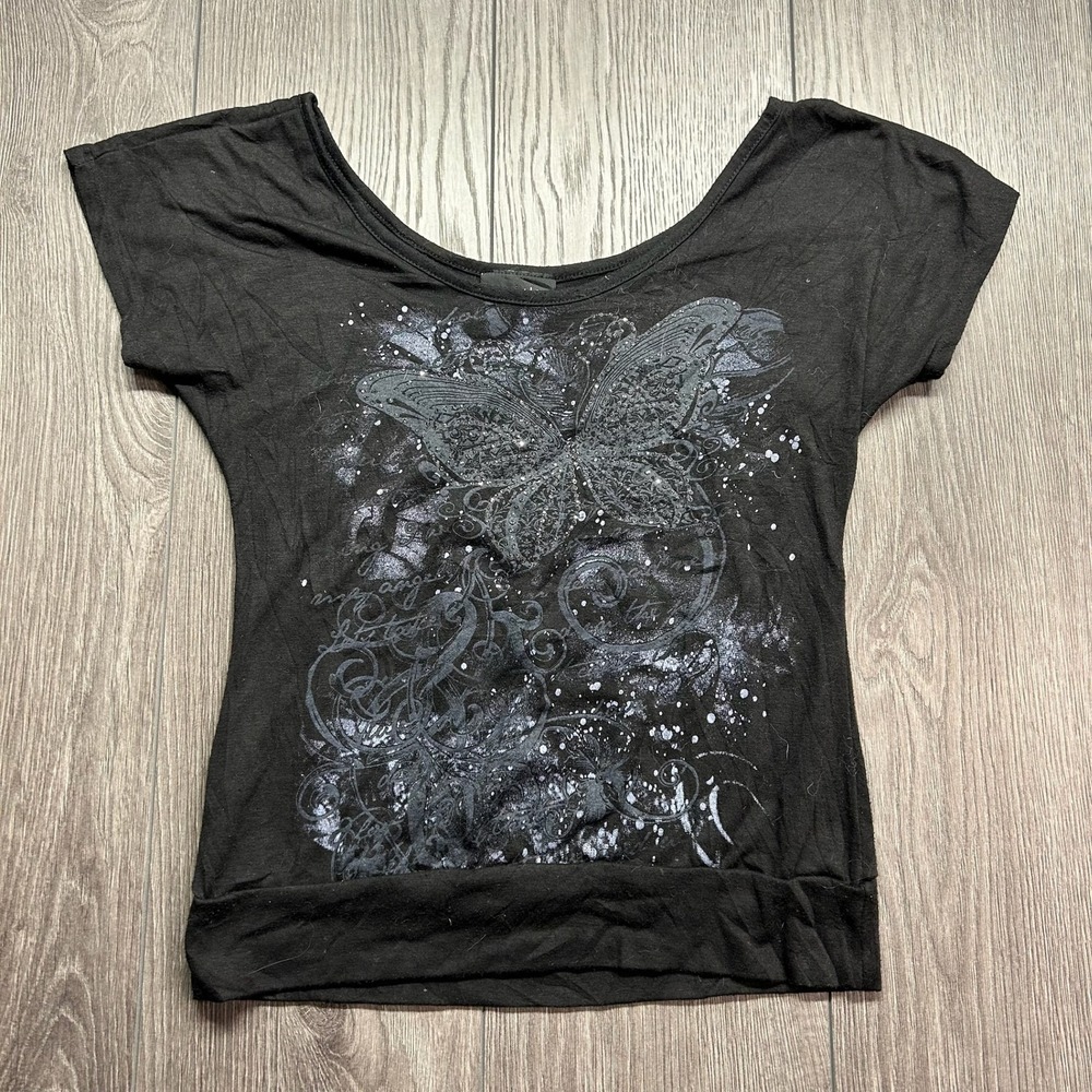 Say Anything Y2K Butterfly Graphic Top Black Shredded Back Cap Sleeve Scoop Neck